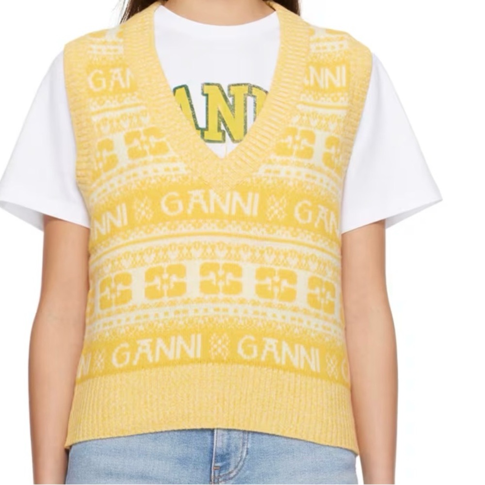 Ganni Yellow Patterned V-Neck Knit Vest